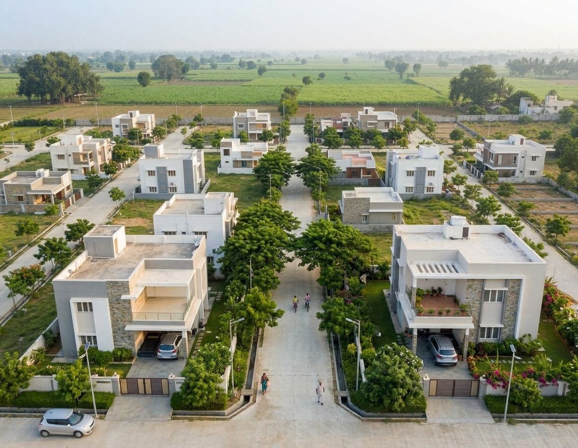 An internal road at Vivanta Green Meadows once the sites either side are built on